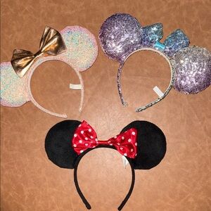 Set of 3 Disney Mouse Ear Headbands Pink, Purple & Classic Black with Red Bow